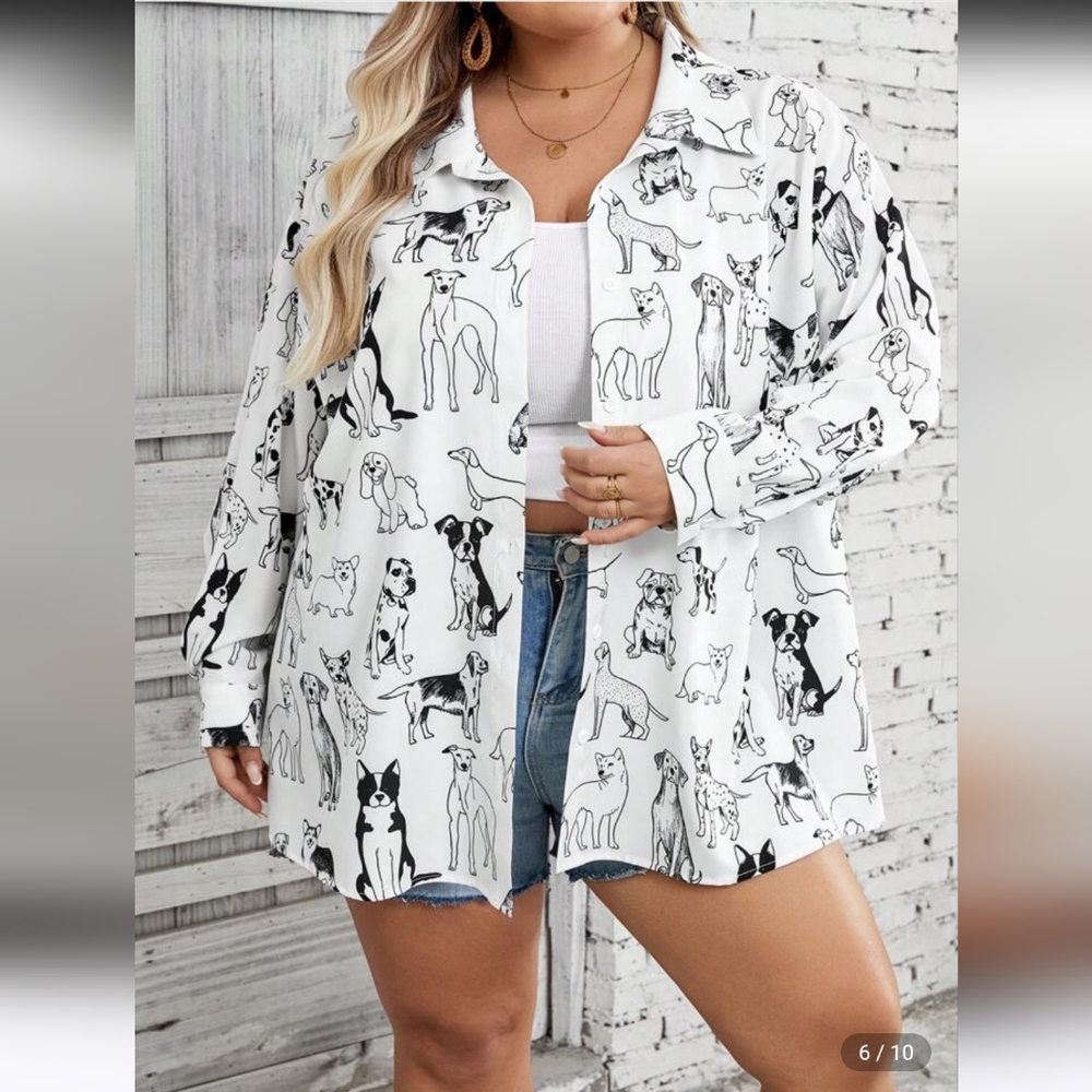 SHEIN Black And White Dog Print Long Sleeve Collares Shirt Size Large